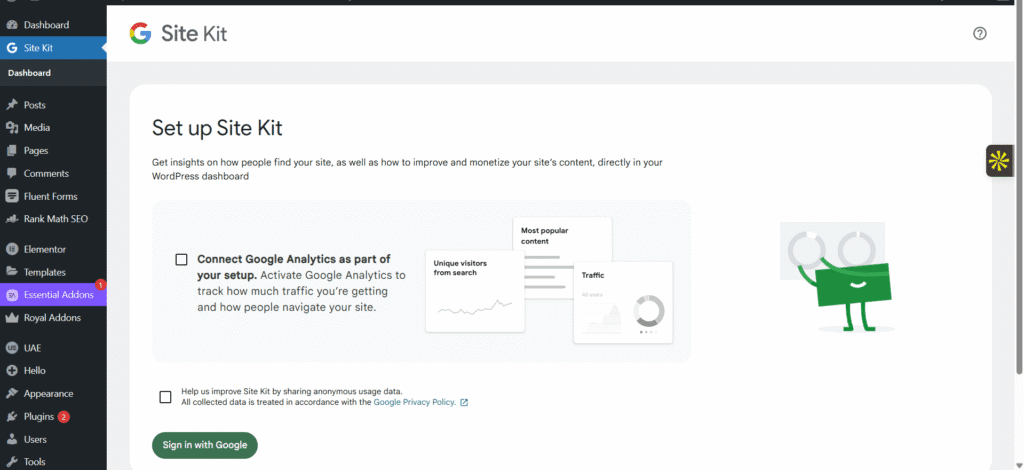 Setting up Google Analytics using Google site kit