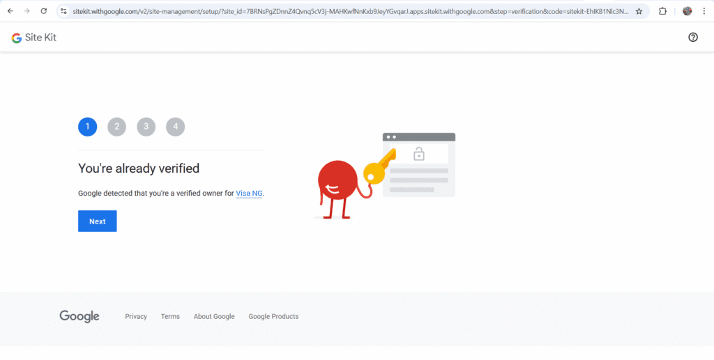Verification of Google site kit plugin