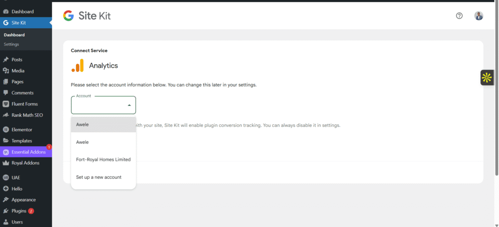 Adding Google Analytics Property to Google site kit