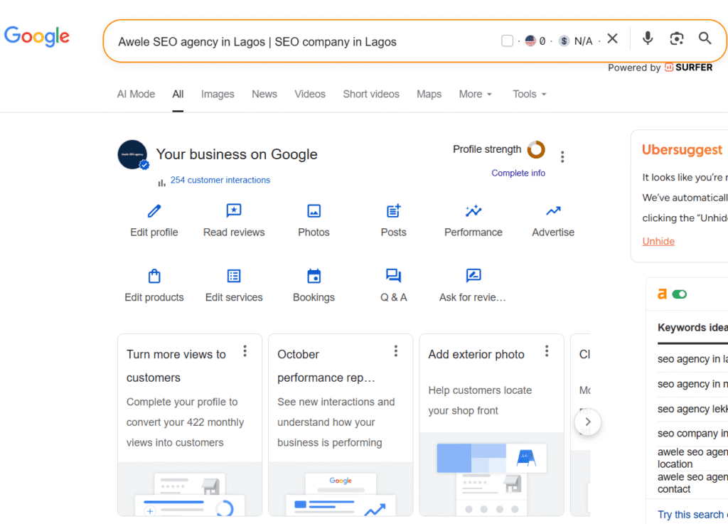Google business profile of an SEO agency in Lagos