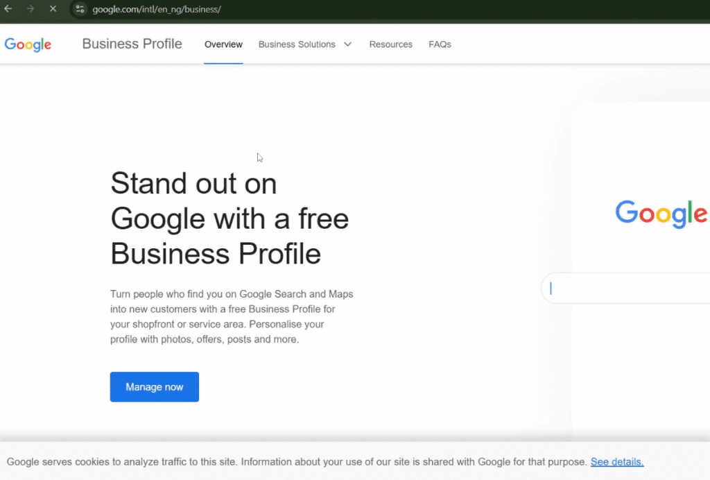 Step 1 of a Google Business Profile set up