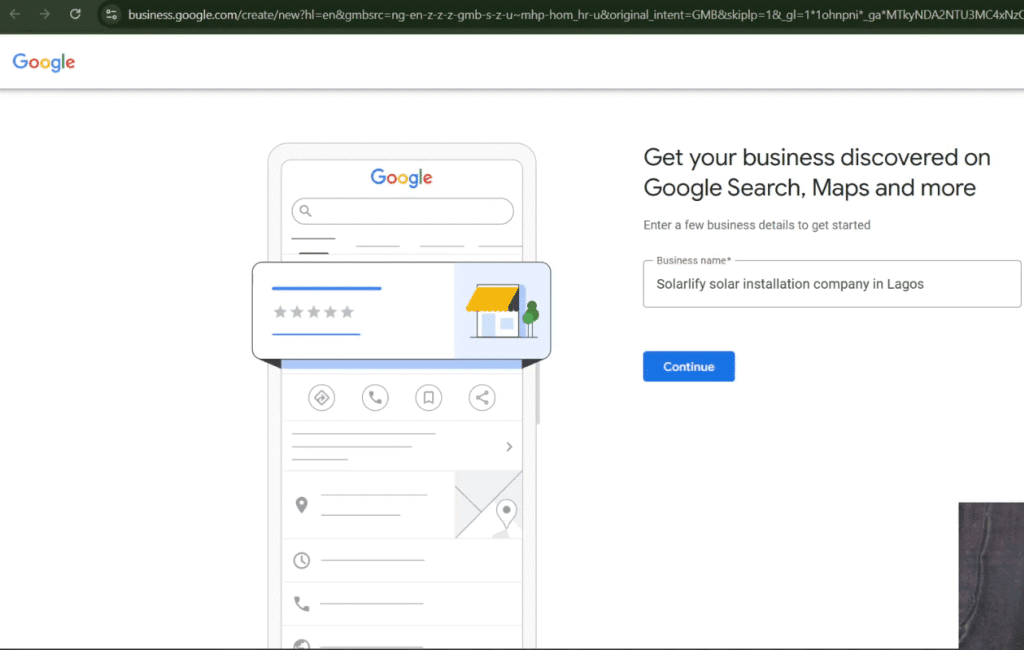 Typing in of business name during Google Business Profile set up