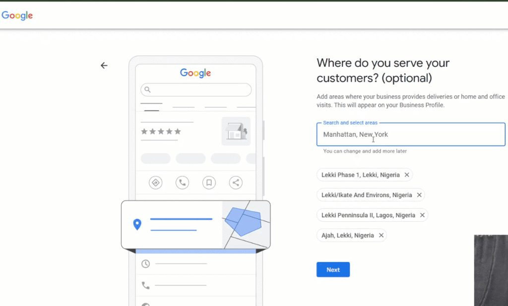 Selection of service areas during Google Business Profile set up