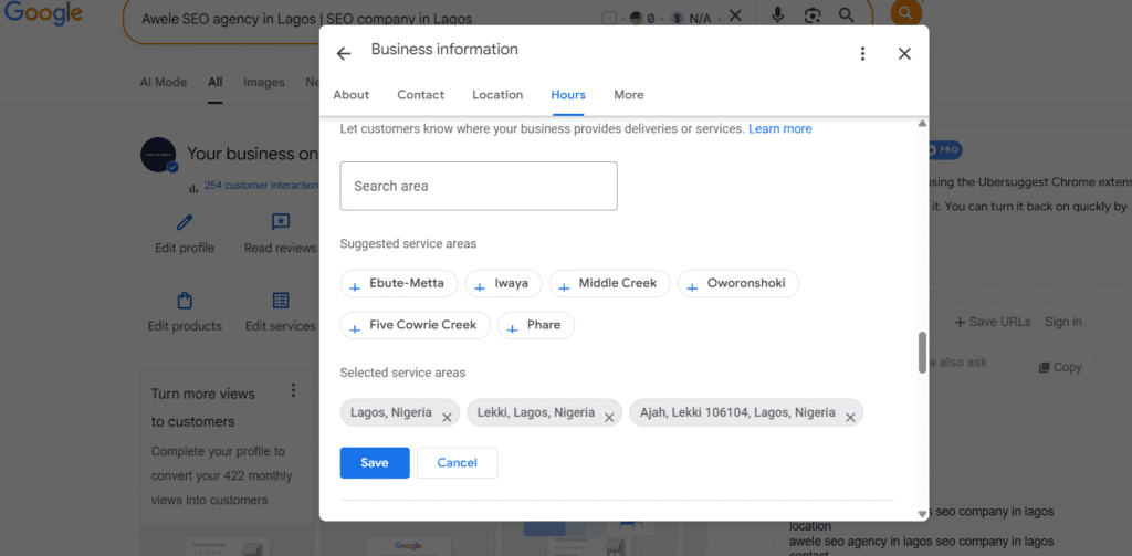Editing the service areas of a Google Business Profile.