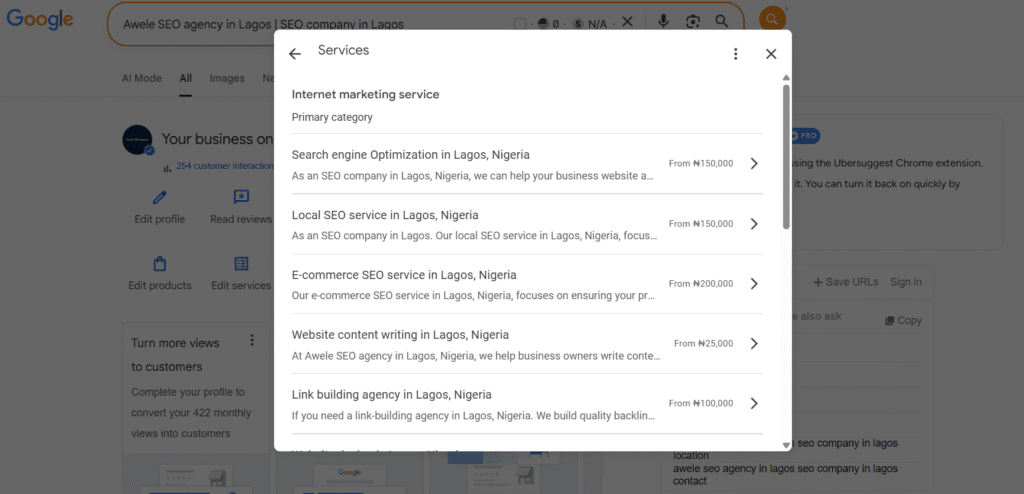Editing services on a Google Business Profile