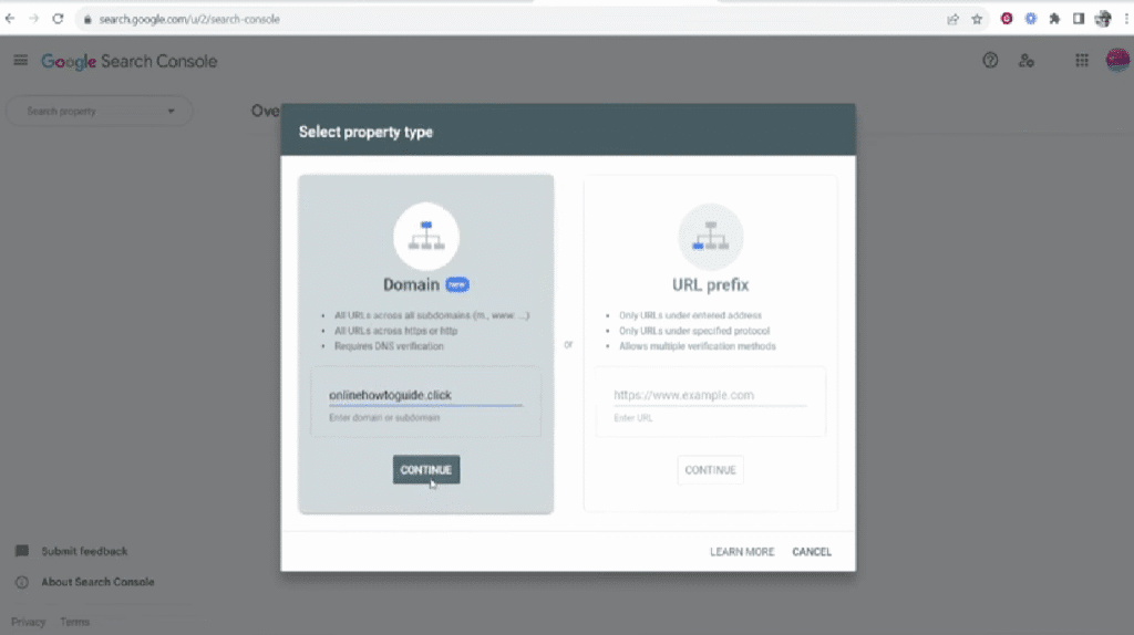 Inputing a domain name in the Google Search Console verification page