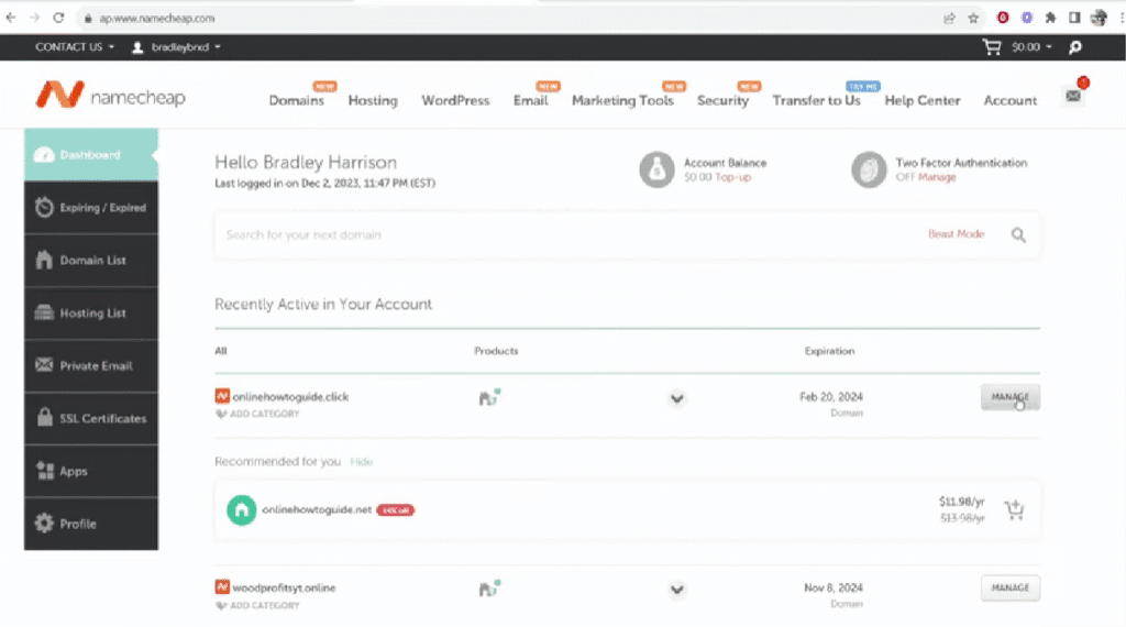 Namecheap domains dashboard