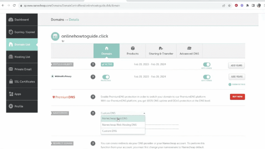 Selecting Namecheap Basic DNS on Namecheap's dashboard