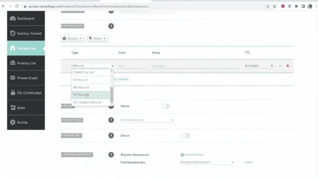 Selecting TXT record when adding a new record on the Namecheap domain