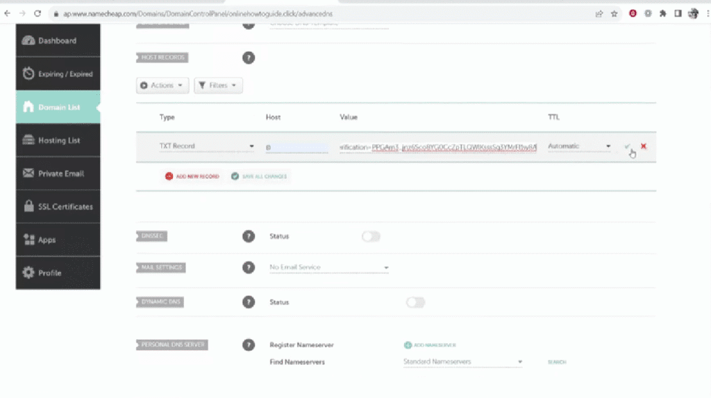 Adding Google Search Console verification record on a Namecheap domain