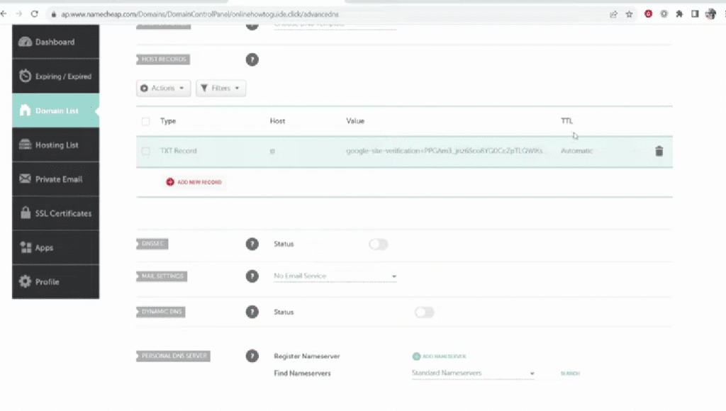 Complete inclusion of a TXT record in a Namecheap domain