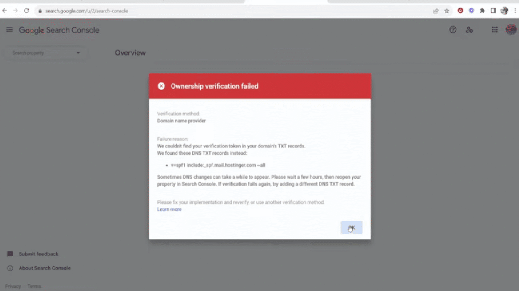 Unsuccessful Google Search Console verification