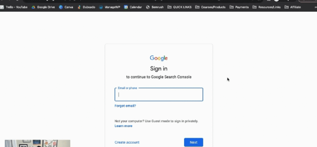 Signing into a Gmail during Google search Console set up