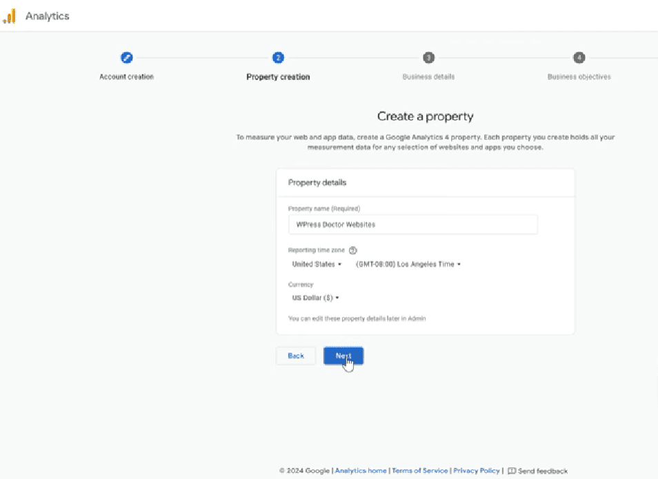 Creating a new property in Google Analytics