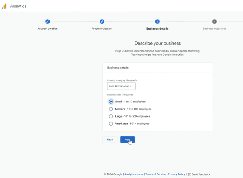 Selecting a business category during Google Analytics set up