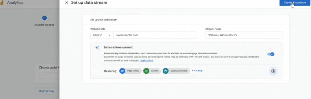 Including your website URL during the Google Analytics set up