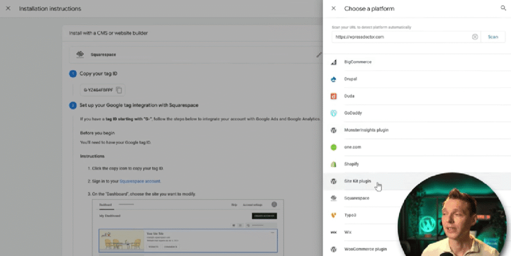 Selecting Site Kit as the plugin to use for WordPress installation