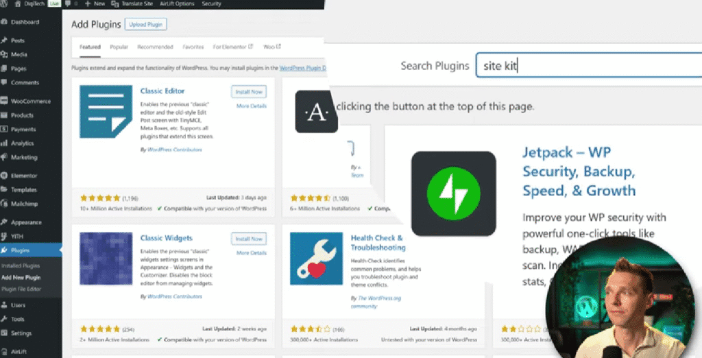 Searching for Site Kit plugin in WordPress store