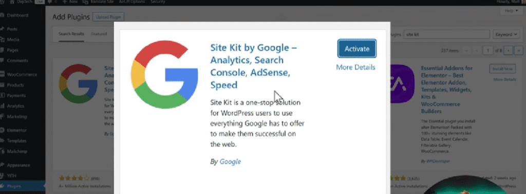 Activating Google site Kit plugin in a WordPress website