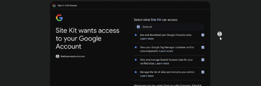 Giving Google Site Kit plugin access