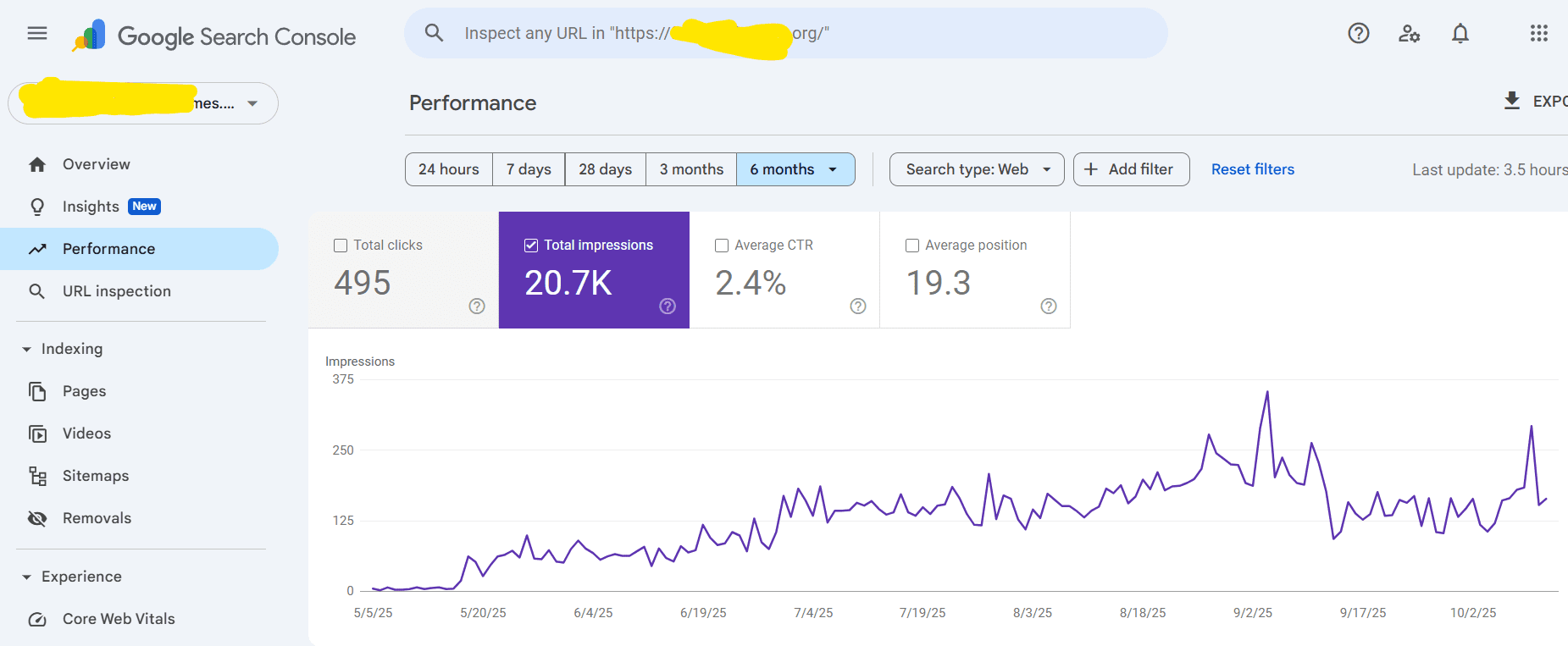 Abuja real estate company search console data from first 5 months of SEO: 20K+ search impressions and 490+ organic visits.