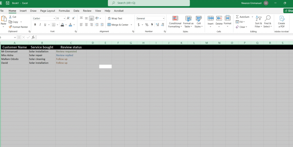 Excel sheet used in tracking a reviews in a review engine