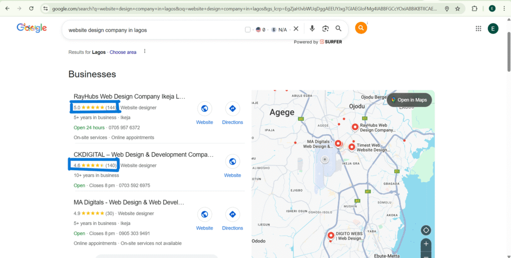 Higher number of reviews of top ranking Google Business Profiles