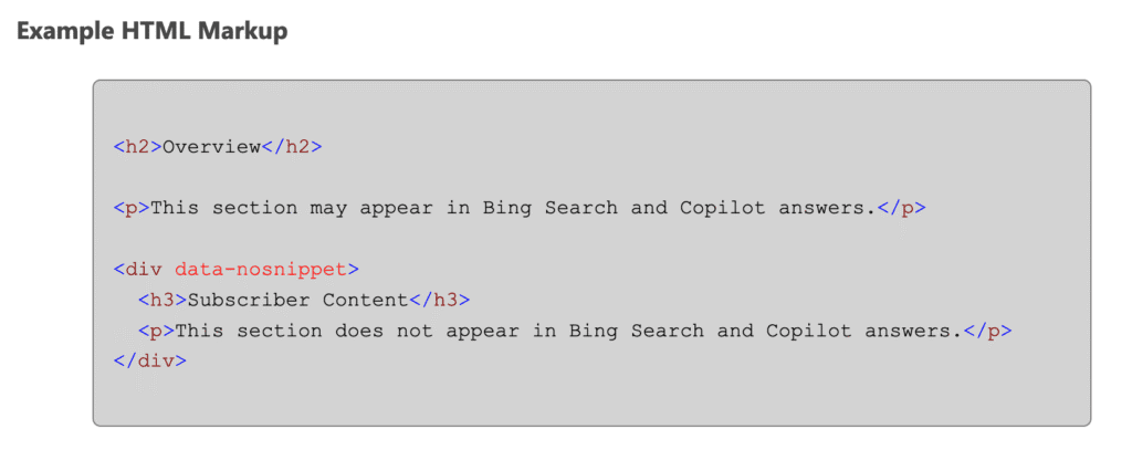 Bing data nosnippet html attribute sample